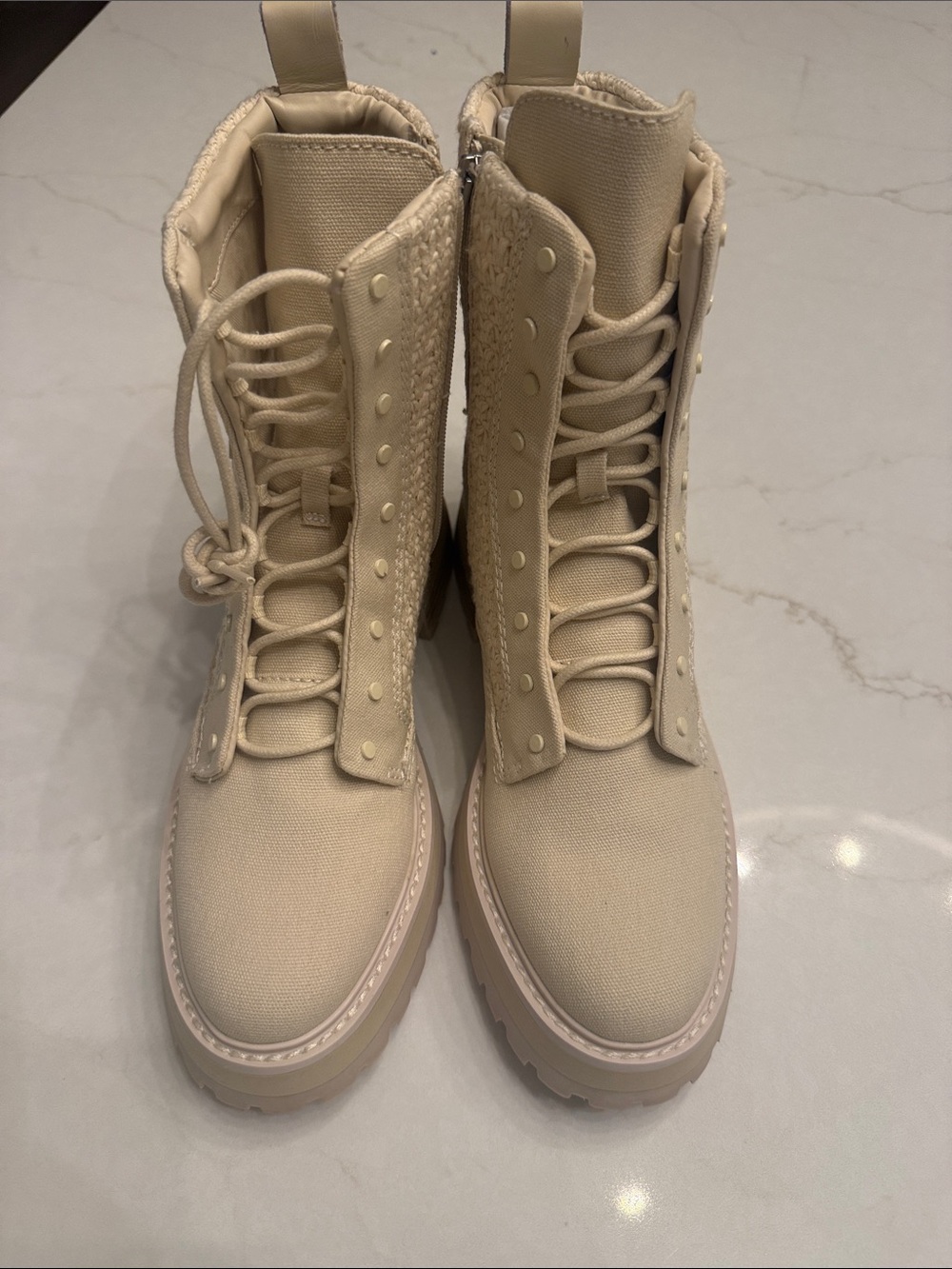 Dolce Vita Cream Lace-Up Canvas Combat Boots